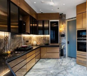 Galvanized Steel Modular Kitchen with Saint Gobain Lacquered Glass Shutters